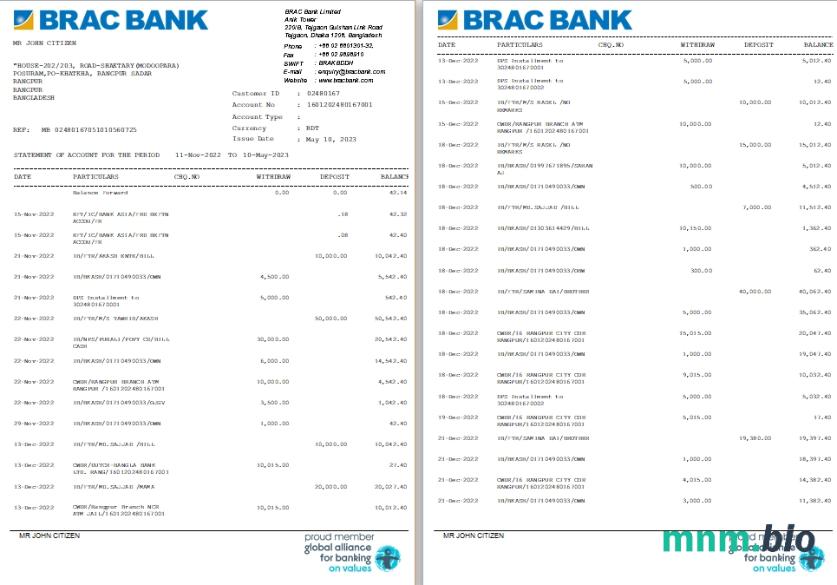 Bangladesz BRAC wyciąg z konta bankowego Word i PDF, 2 strony